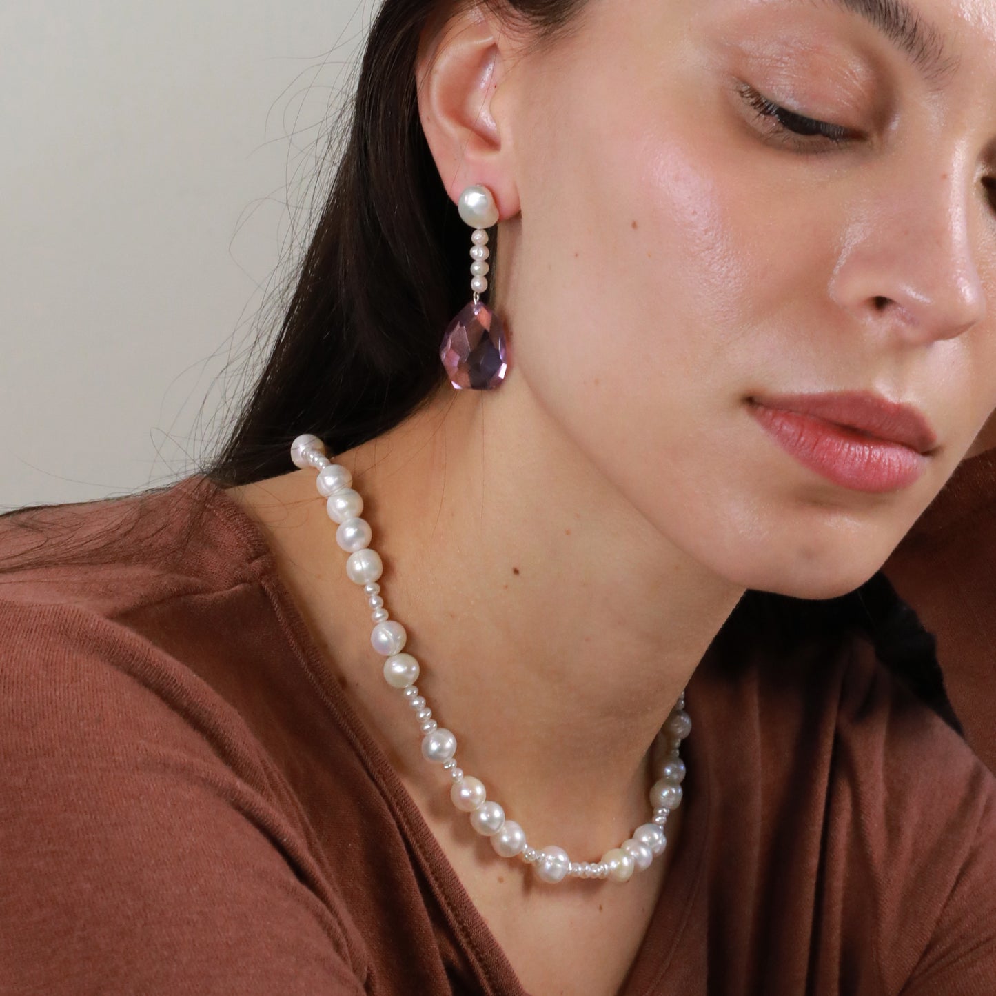 Amethyst Earring Long Amethyst drop Earrings with natural pearls Model Photo