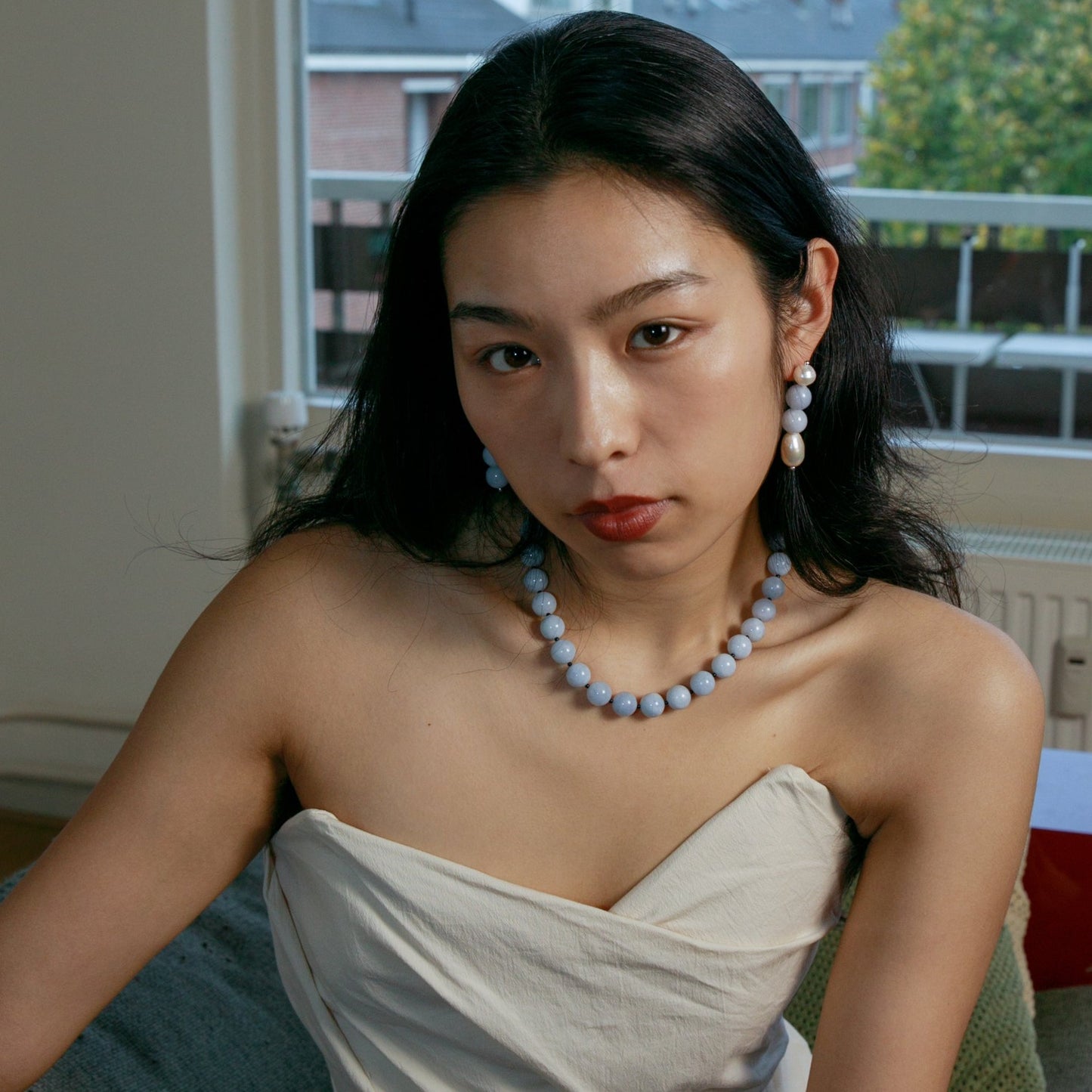 Cloe 12mm Aquamarine Chunky Beads Necklace Choker