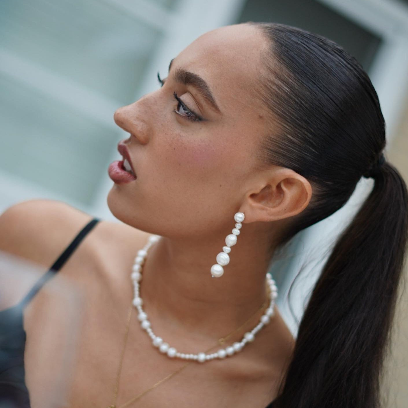 white real natural freshwater pearl long dangle shoulder duster earrings sterling silver silver pushback closure contempary art deco bride wedding