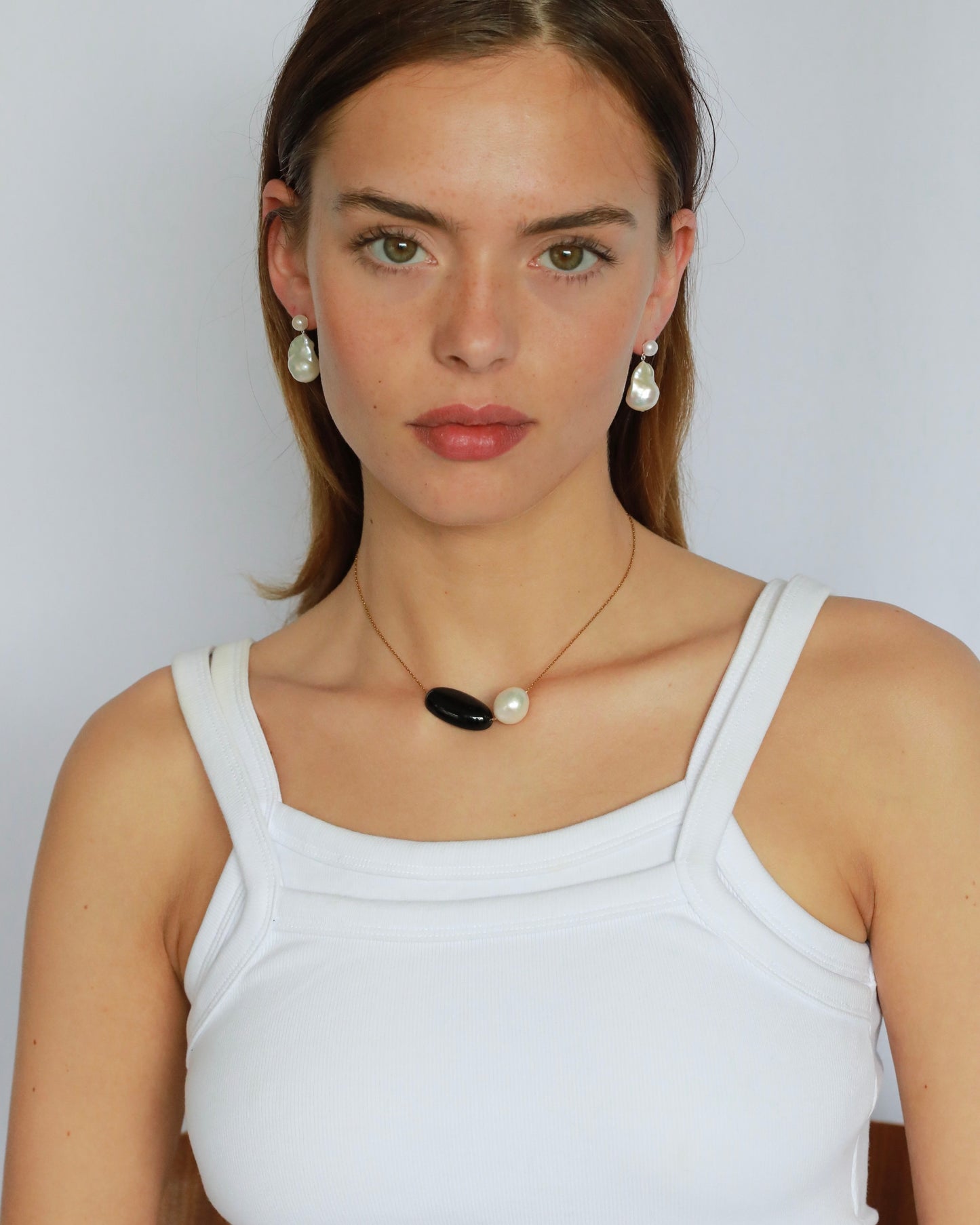 Leni Freshwater Baroque Pearl & Black Onyx Pendant Necklace Adjustable Stainless Steel Chain