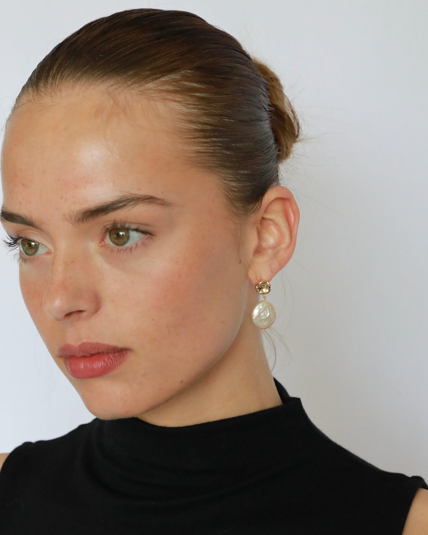 Freshwater pearl earrings with coin shape flat real pearls, 14K gold plated brass, and sterling silver pins, Bridal Earrings