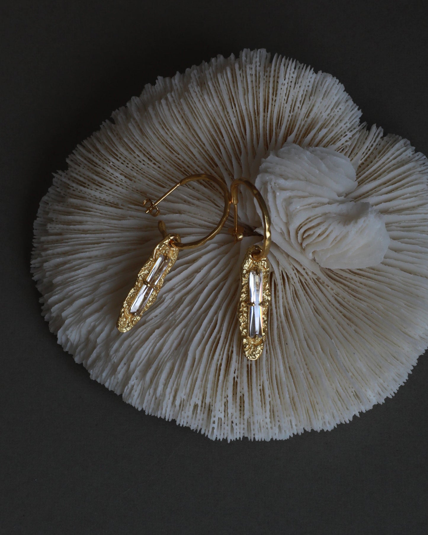 Gold zircon earrings displayed on coral texture – styled product shot
