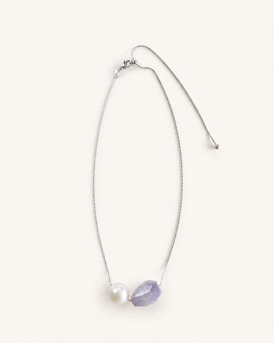 Silver adjustable necklace with natural light amethyst stone and large freshwater pearl
