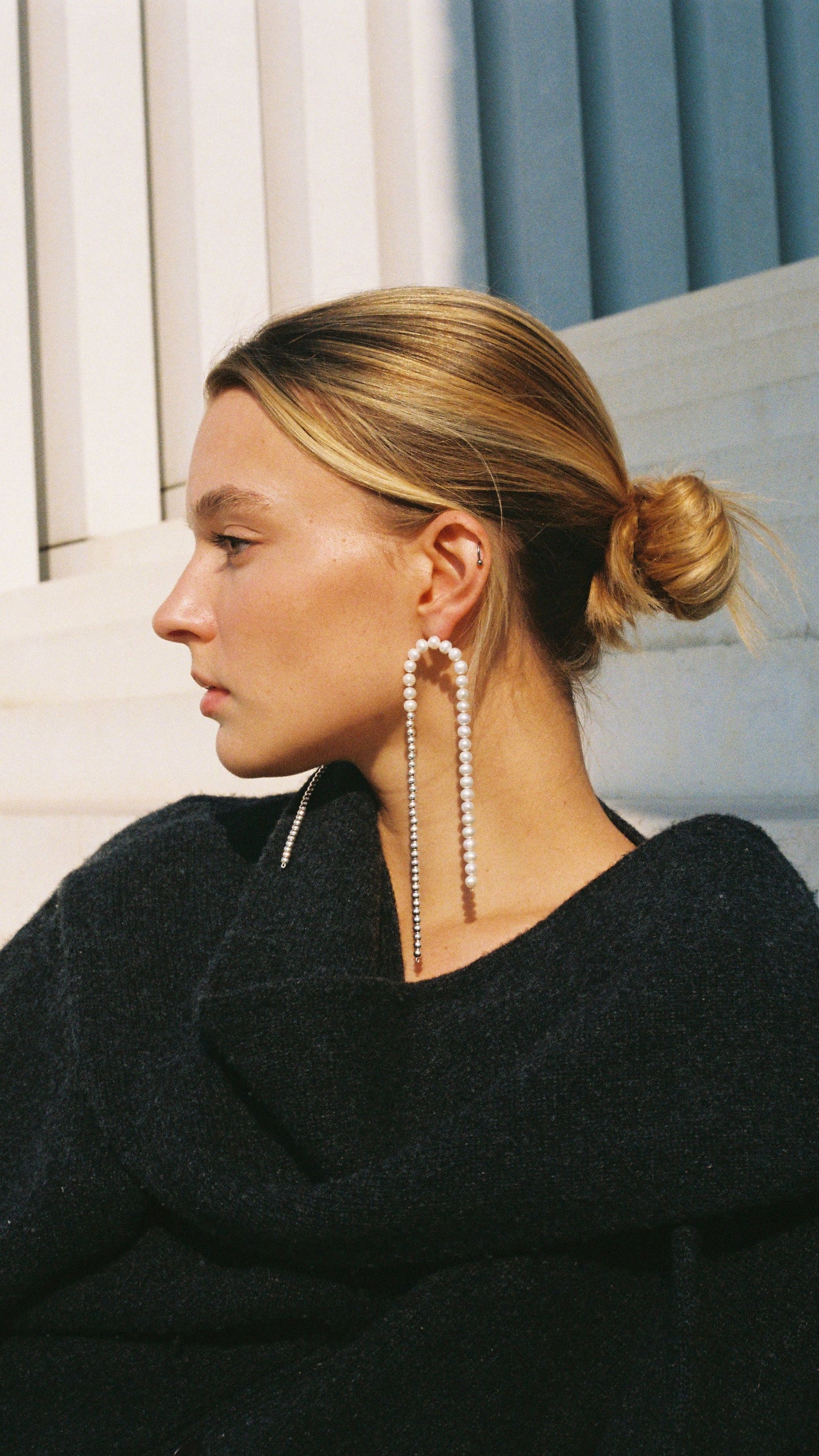 white real natural freshwater pearl long dangle shoulder duster earrings sterling silver pushback closure art deco contempary bride wedding model