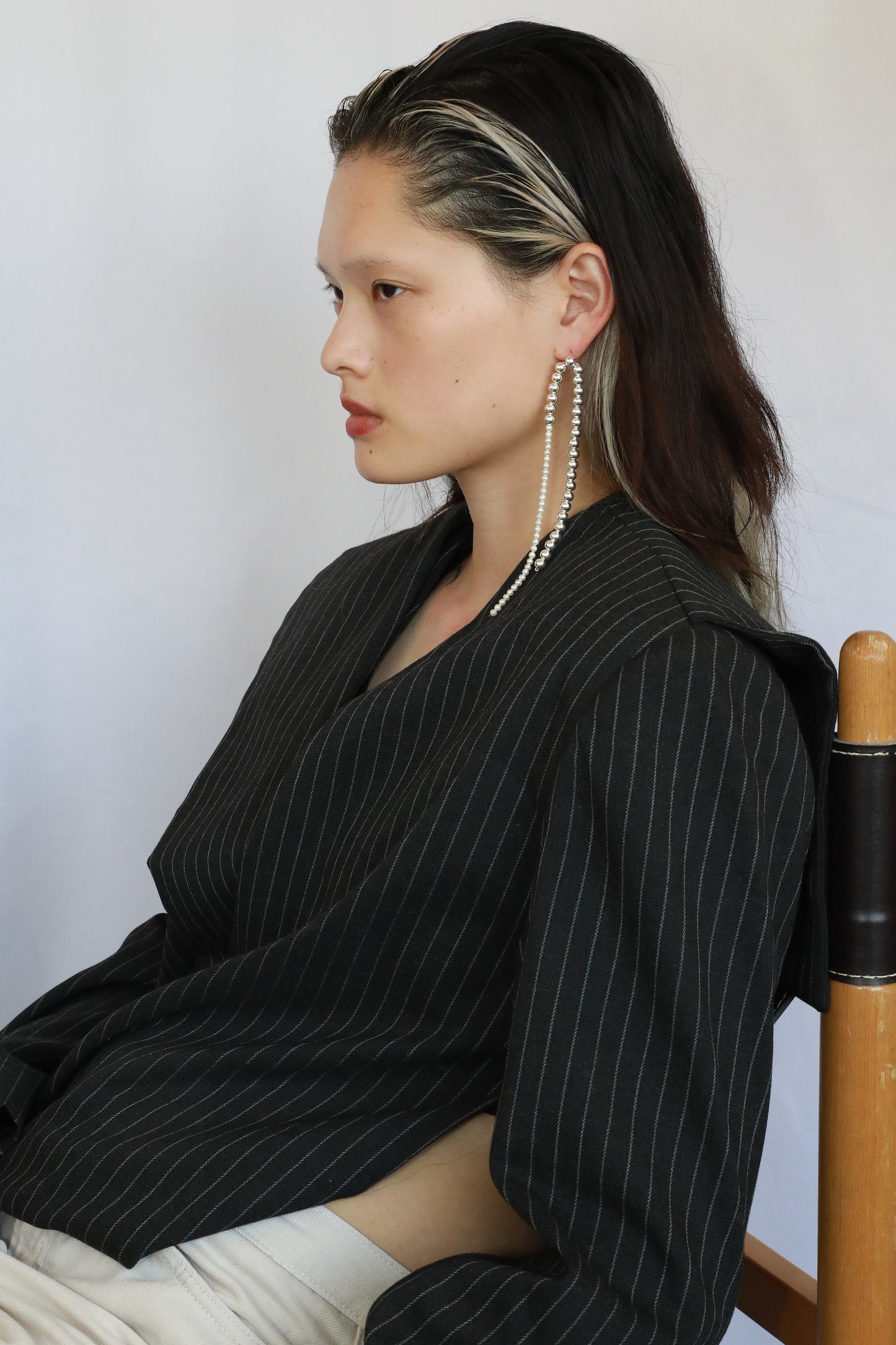 white real natural freshwater pearl long dangle shoulder duster earrings sterling silver silver pushback closure art deco contemporary bride wedding model