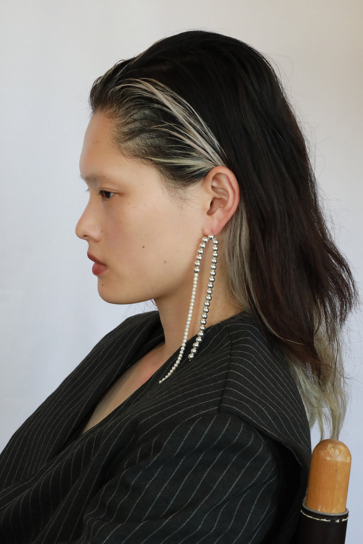 white real natural freshwater pearl long dangle shoulder duster earrings sterling silver silver pushback closure art deco contemporary bride wedding model