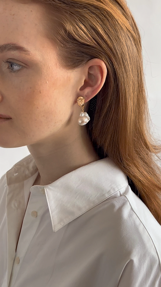 white real natural freshwater baroque pearl hoop huggie earrings gold filled gold pushback closure classic modern bride wedding model