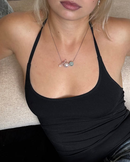Aquamarine, freshwater pearl and clear quartz crystal pendant necklace with stainless steel chain