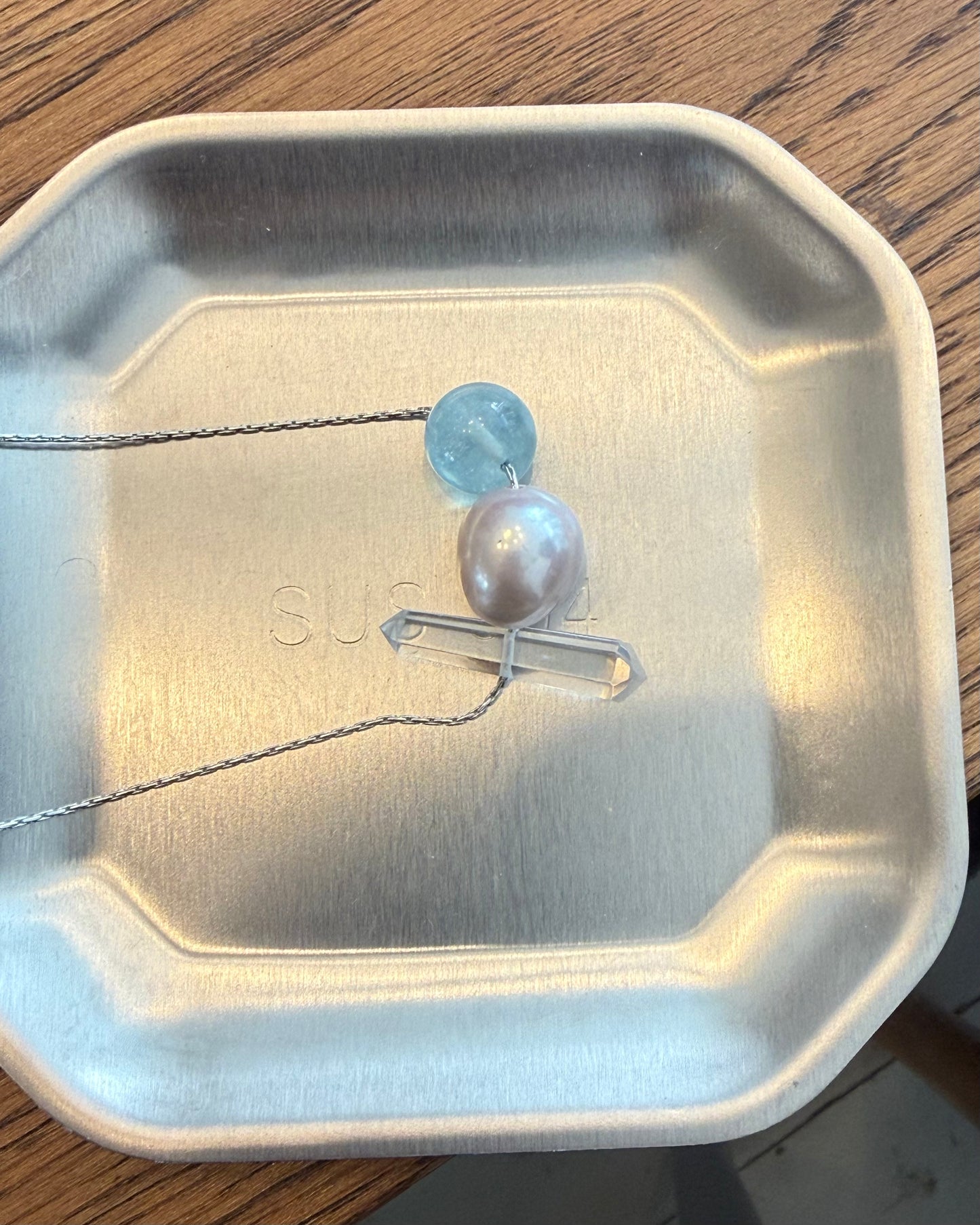 Aquamarine, freshwater pearl and clear quartz crystal pendant necklace with stainless steel chain