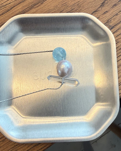 Aquamarine, freshwater pearl and clear quartz crystal pendant necklace with stainless steel chain