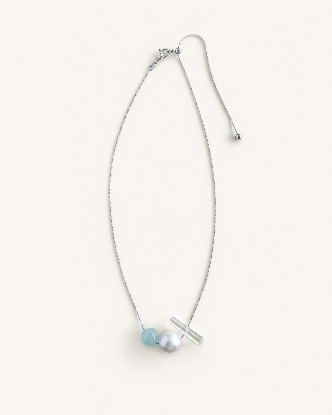 Aquamarine, freshwater pearl and clear quartz crystal pendant necklace with stainless steel chain