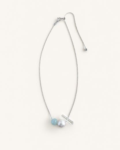 Aquamarine, freshwater pearl and clear quartz crystal pendant necklace with stainless steel chain