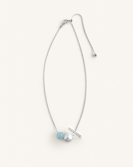 Aquamarine, freshwater pearl and clear quartz crystal pendant necklace with stainless steel chain