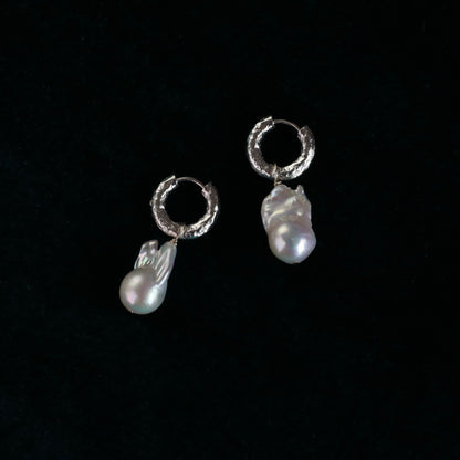white real natural freshwater baroque pearl hoop huggie earrings gold Plated leverback closure classic designer bride wedding product closeup photo