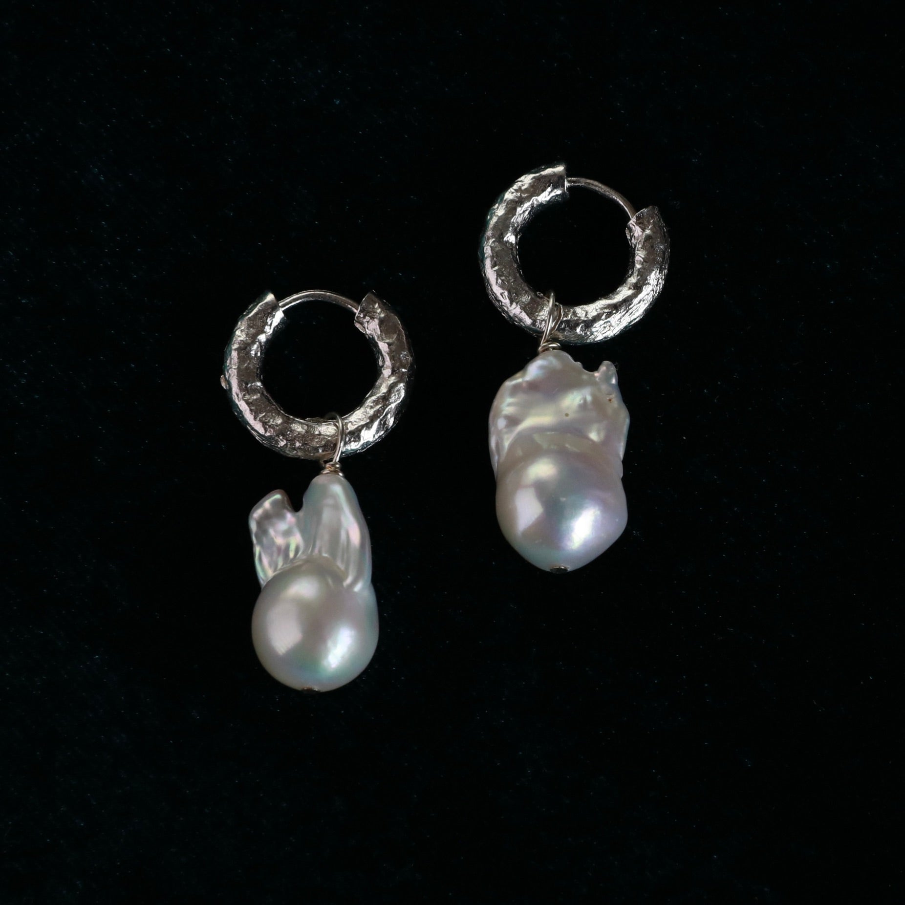 white real natural freshwater baroque pearl hoop huggie earrings sterling silver leverback closure classic designer bride wedding product closeup photo