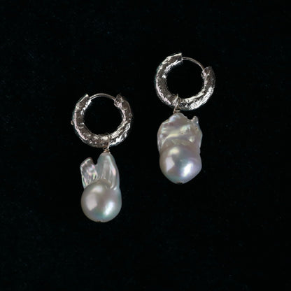 white real natural freshwater baroque pearl hoop huggie earrings sterling silver leverback closure classic designer bride wedding product closeup photo