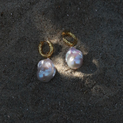 white real natural freshwater baroque pearl hoop huggie earrings gold Plated leverback closure classic designer bride wedding product closeup photo