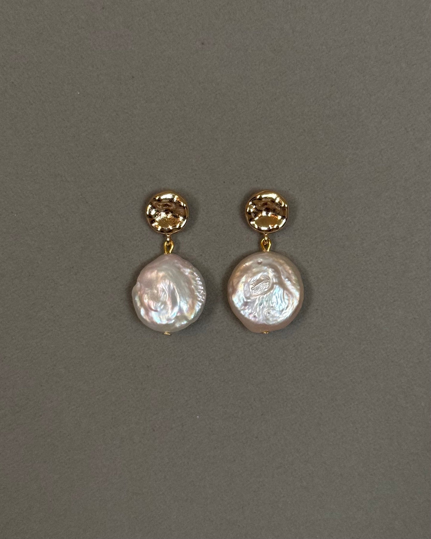 Freshwater pearl earrings with coin shape flat real pearls, 14K gold plated brass, and sterling silver pins