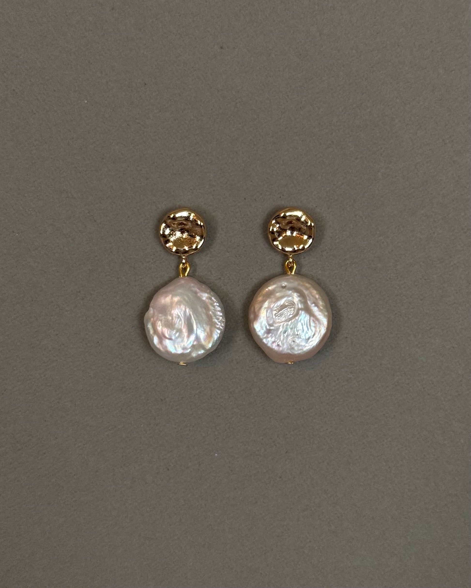 Freshwater pearl earrings with coin shape flat real pearls, 14K gold plated brass, and sterling silver pins
