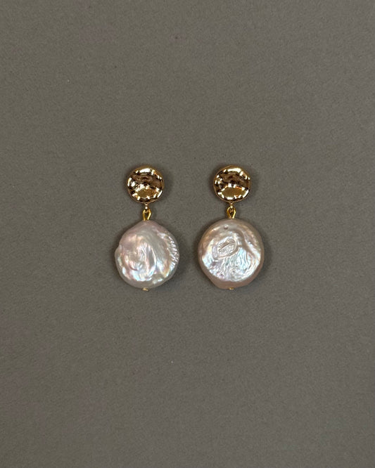 Freshwater pearl earrings with coin shape flat real pearls, 14K gold plated brass, and sterling silver pins