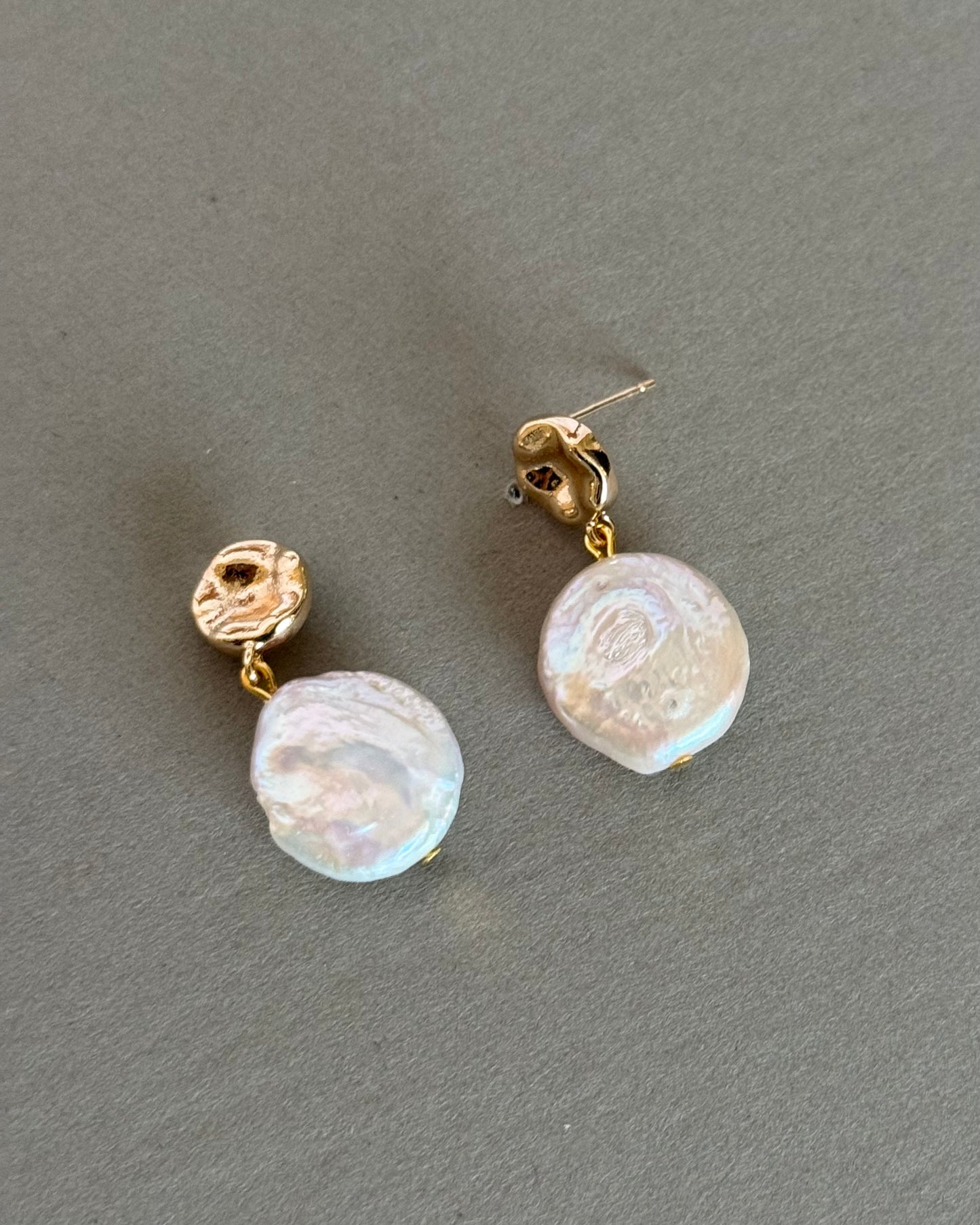 Freshwater pearl earrings with coin shape flat real pearls, 14K gold plated brass, and sterling silver pins