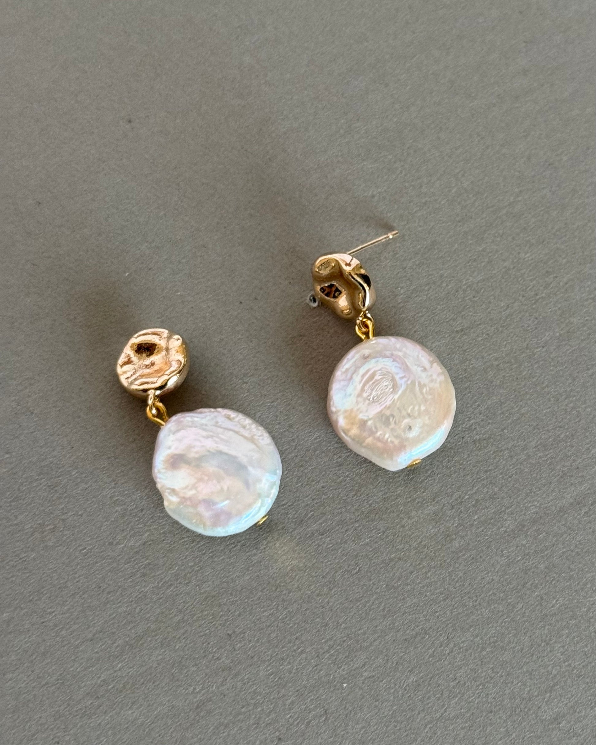 Freshwater pearl earrings with coin shape flat real pearls, 14K gold plated brass, and sterling silver pins