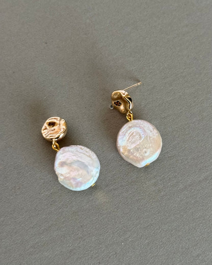 Freshwater pearl earrings with coin shape flat real pearls, 14K gold plated brass, and sterling silver pins