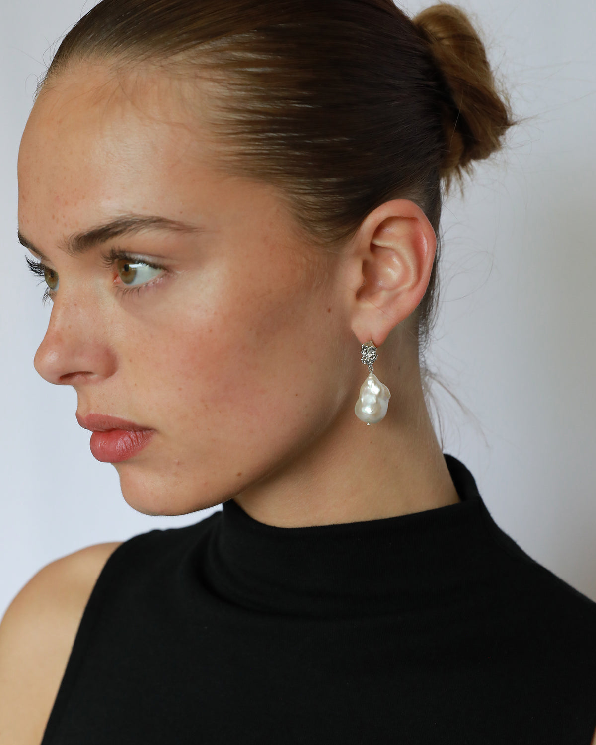 Natural Baroque Pearl drop Earrings silver hoop on model
