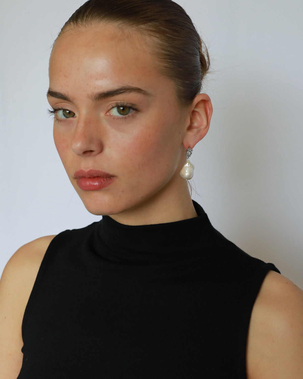 Natural Baroque Pearl drop Earrings silver on model