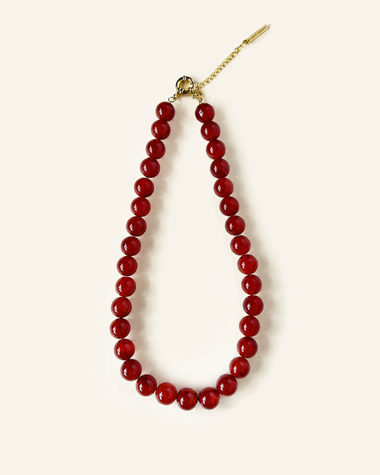 Natural red agate energy beaded necklace with polished deep red stone beads.