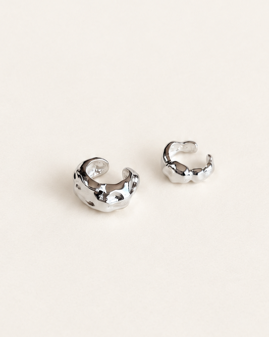 High-polished organic textured earcuff in silver plated brass