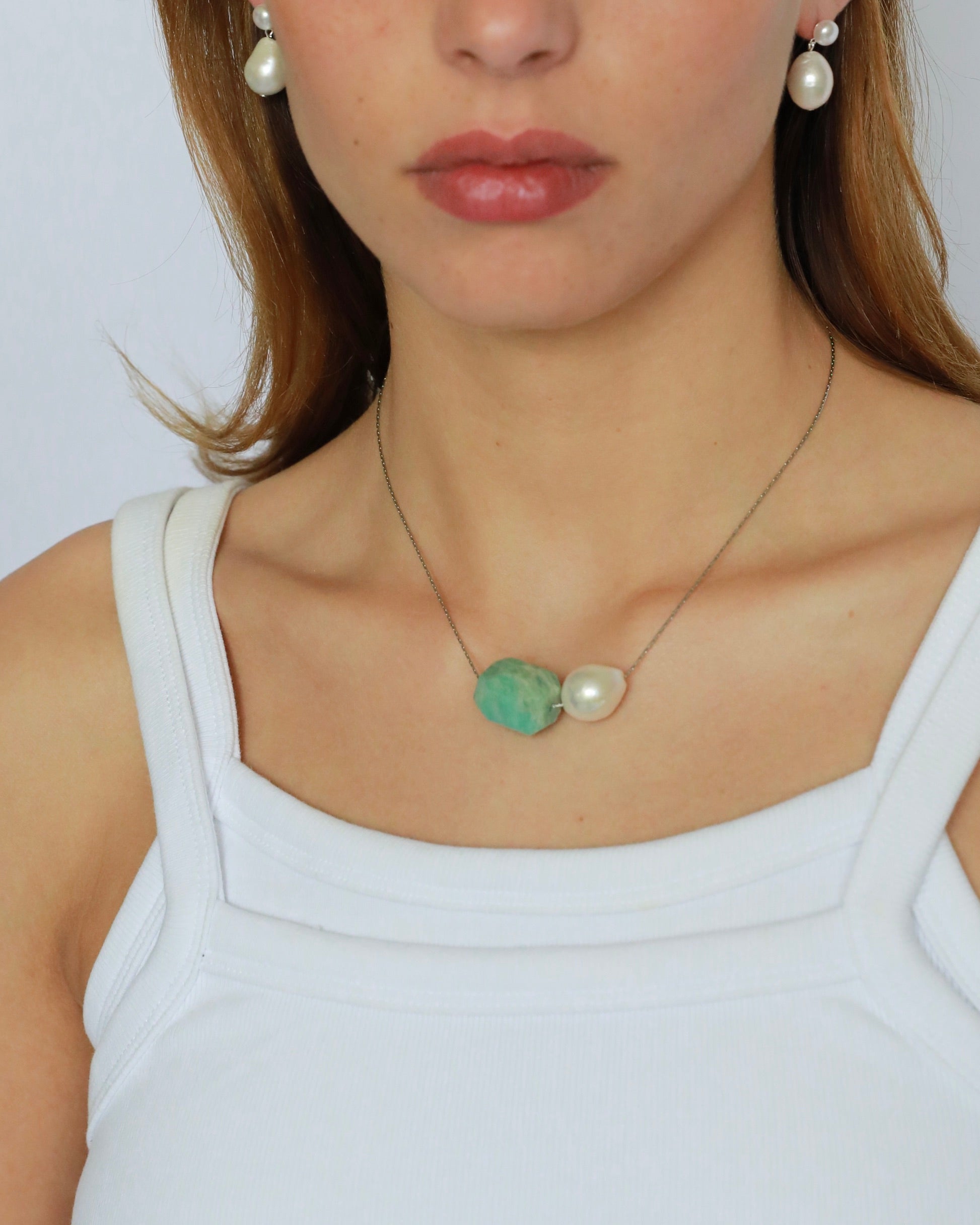 Amazonite pendant and freshwater baroque pearl adjustable necklace choker on stainless steel chain in silver color