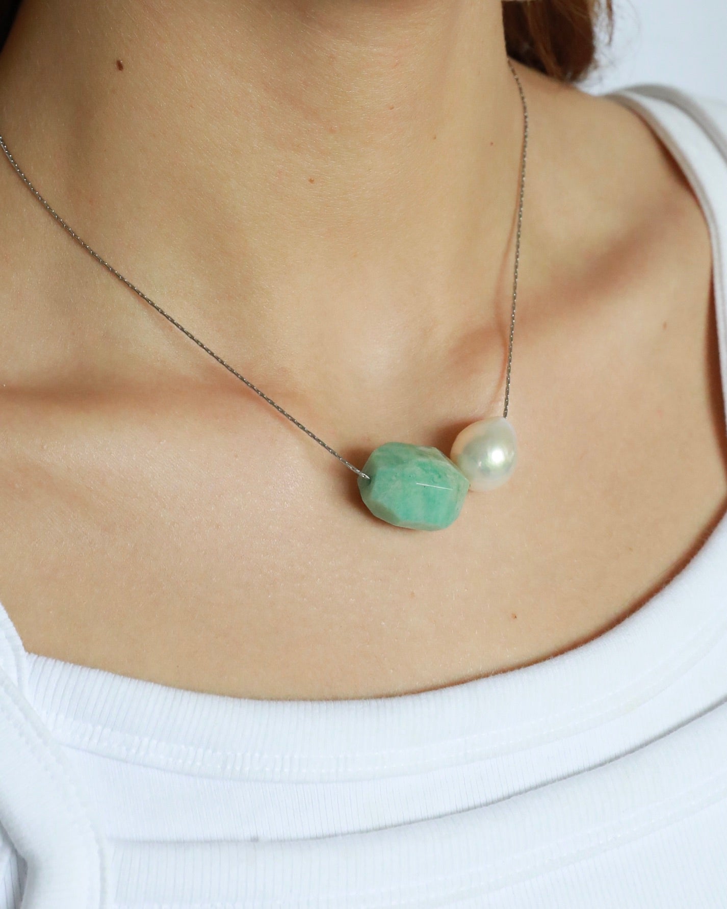 Amazonite pendant and freshwater baroque pearl adjustable necklace choker on stainless steel chain in silver color