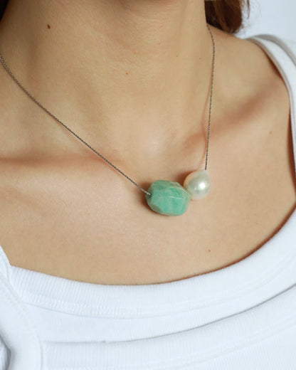 Amazonite pendant and freshwater baroque pearl adjustable necklace choker on stainless steel chain in silver color
