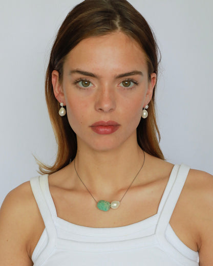 Amazonite pendant and freshwater baroque pearl adjustable necklace choker on stainless steel chain in silver color