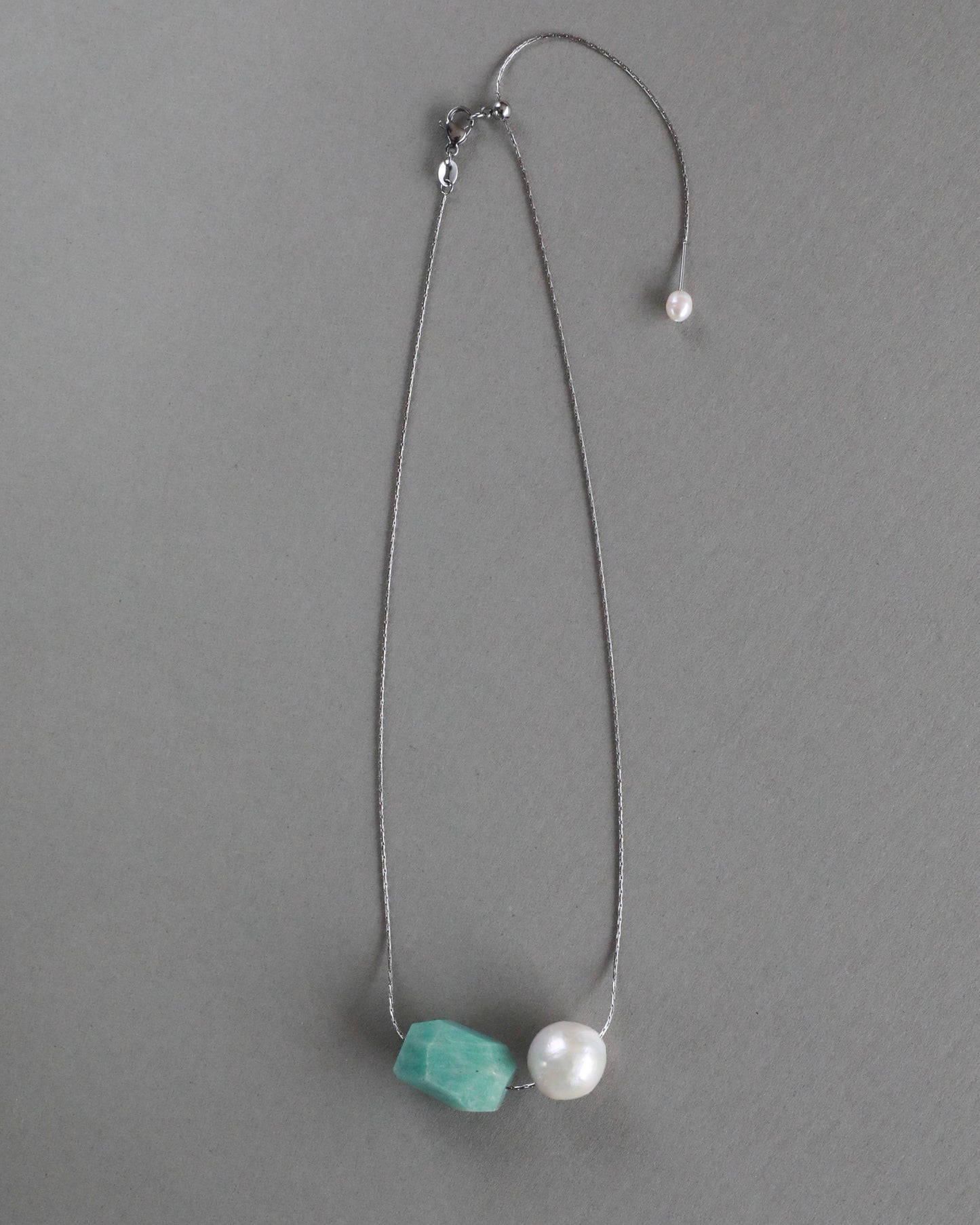 Amazonite pendant and freshwater baroque pearl adjustable necklace choker on stainless steel chain in silver color