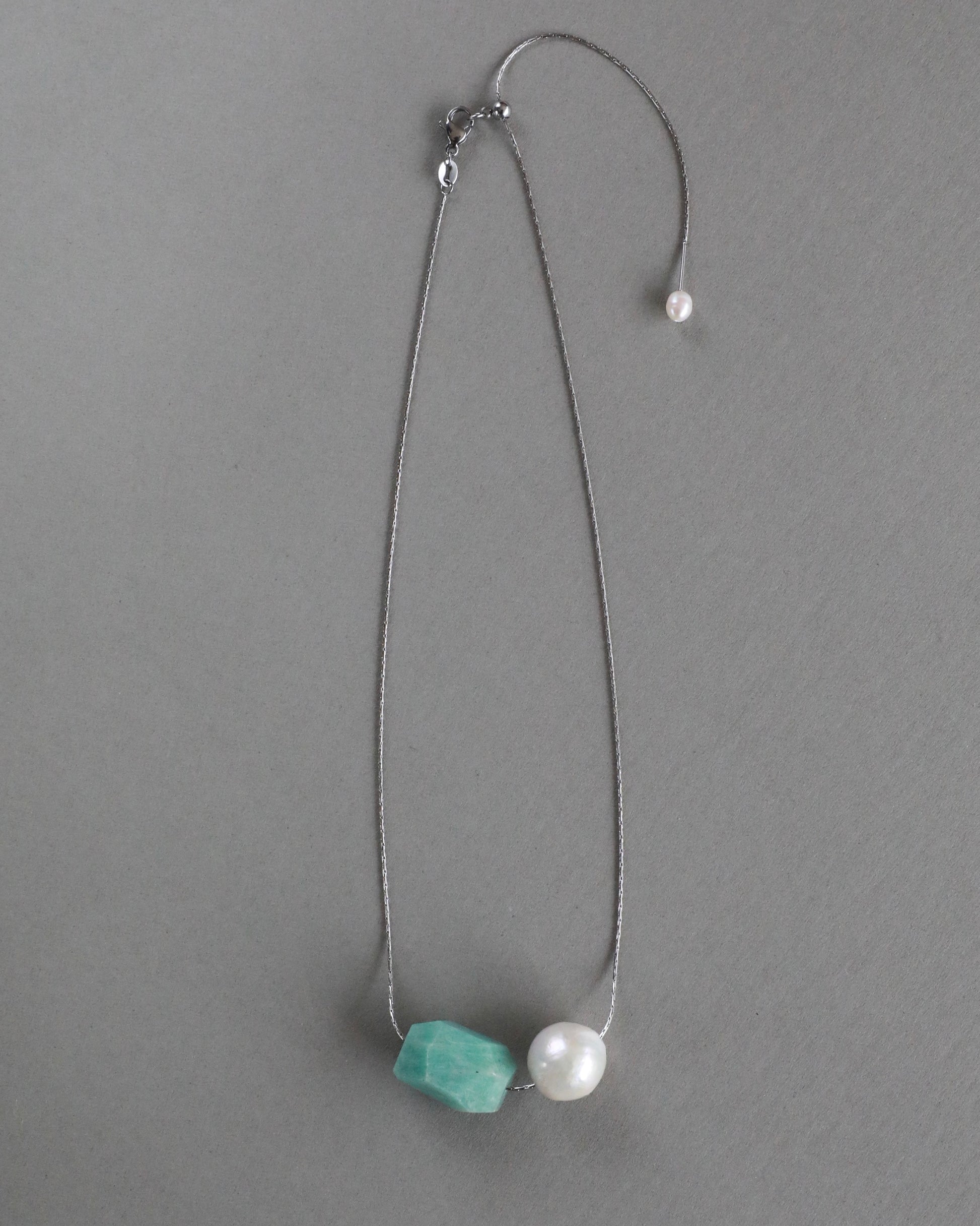 Amazonite pendant and freshwater baroque pearl adjustable necklace choker on stainless steel chain in silver color