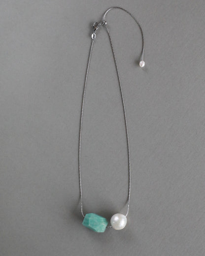 Amazonite pendant and freshwater baroque pearl adjustable necklace choker on stainless steel chain in silver color