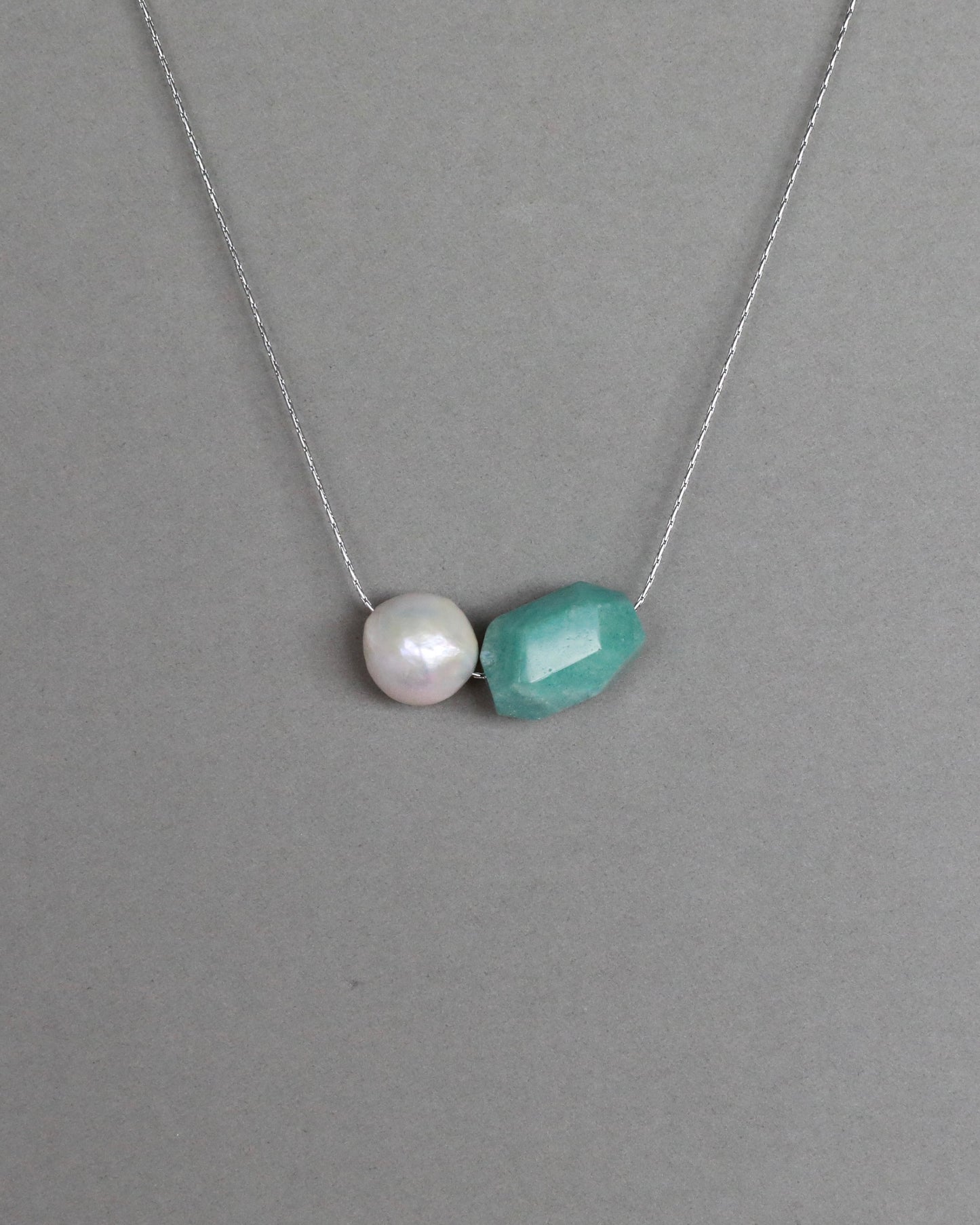 Amazonite pendant and freshwater baroque pearl adjustable necklace choker on stainless steel chain in silver color