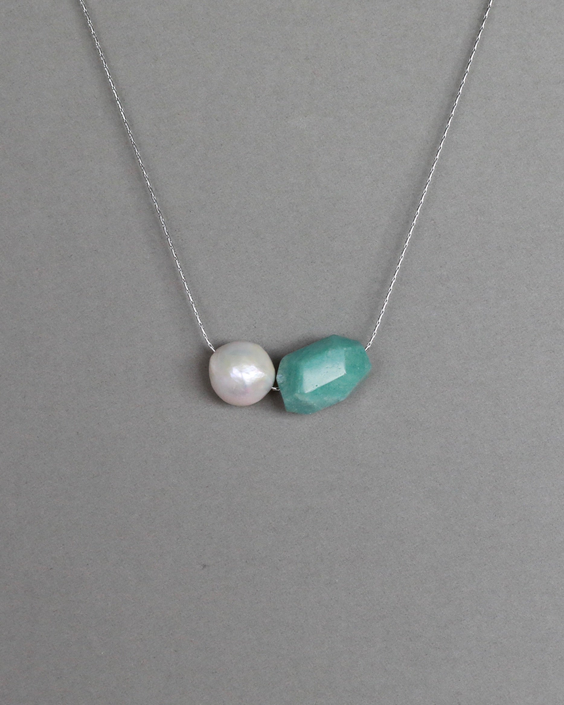 Amazonite pendant and freshwater baroque pearl adjustable necklace choker on stainless steel chain in silver color