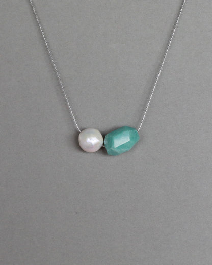 Amazonite pendant and freshwater baroque pearl adjustable necklace choker on stainless steel chain in silver color
