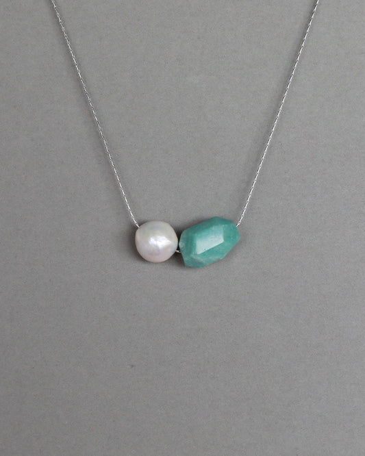 Amazonite pendant and freshwater baroque pearl adjustable necklace choker on stainless steel chain in silver color