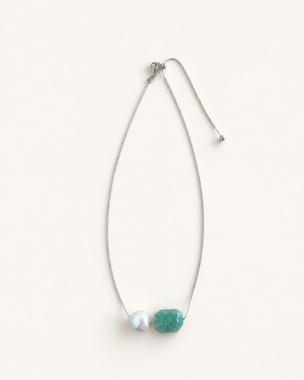 Amazonite pendant and freshwater baroque pearl adjustable necklace choker on stainless steel chain in silver color