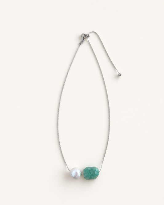Amazonite pendant and freshwater baroque pearl adjustable necklace choker on stainless steel chain in silver color
