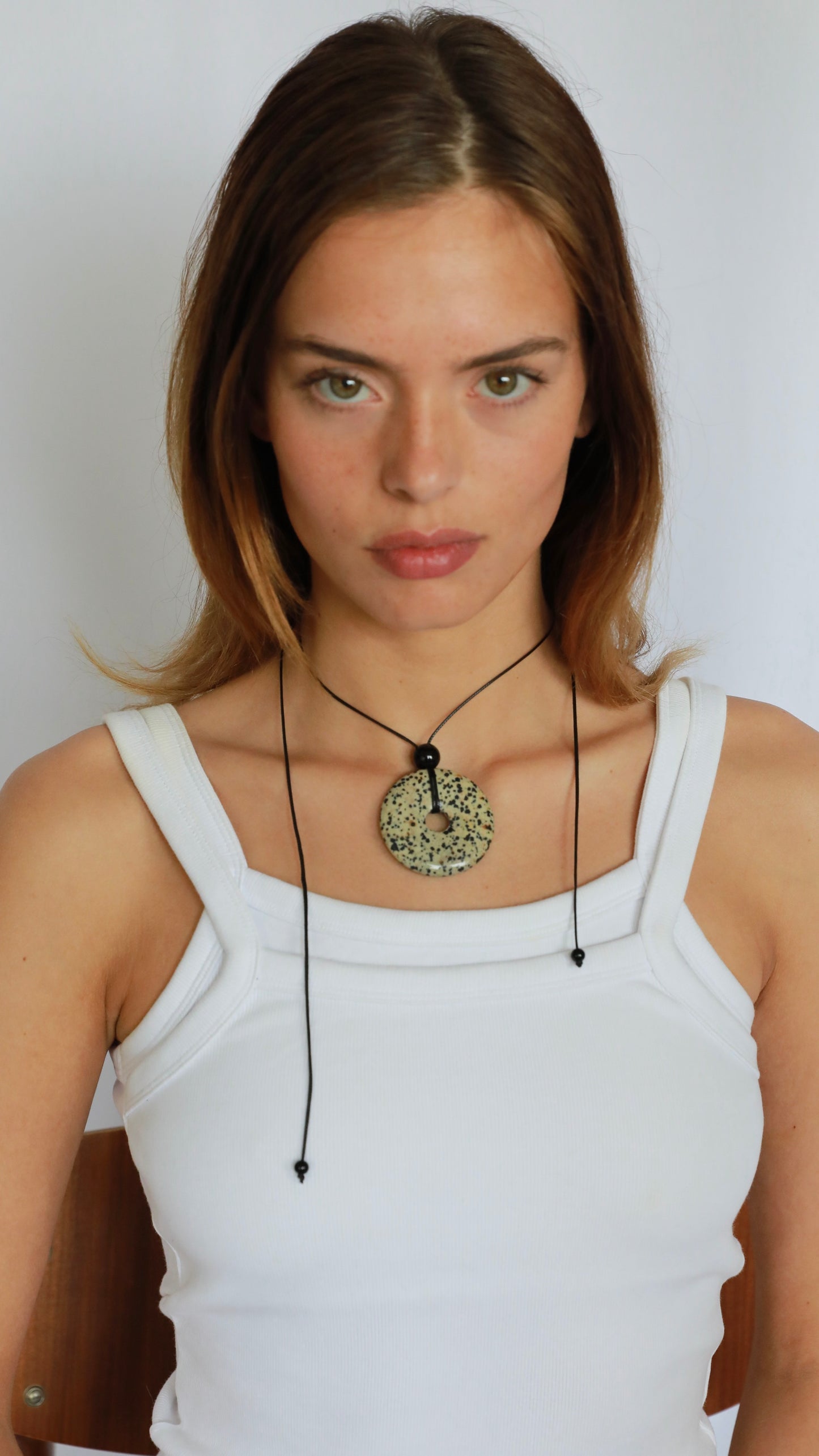 Lina Dalmatian Jasper Pendant Necklace Super Long Black Wax Rope Stone Necklace