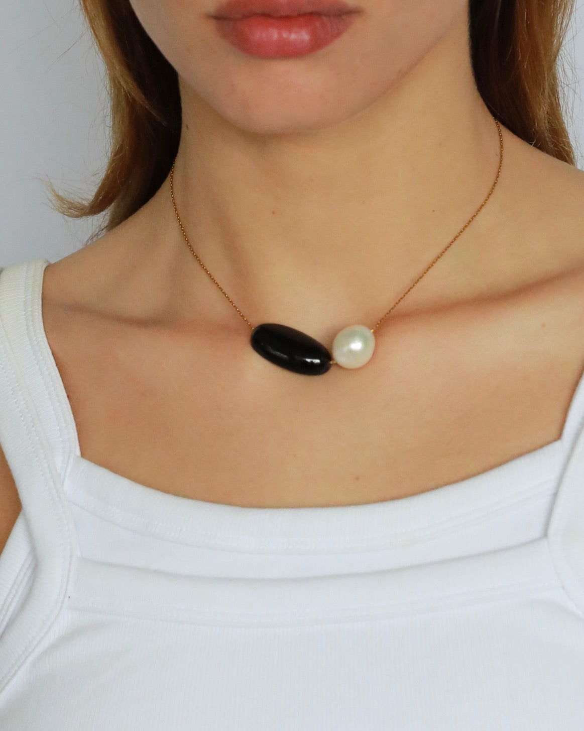 Leni Freshwater Baroque Pearl & Black Onyx Pendant Necklace Adjustable Stainless Steel Chain