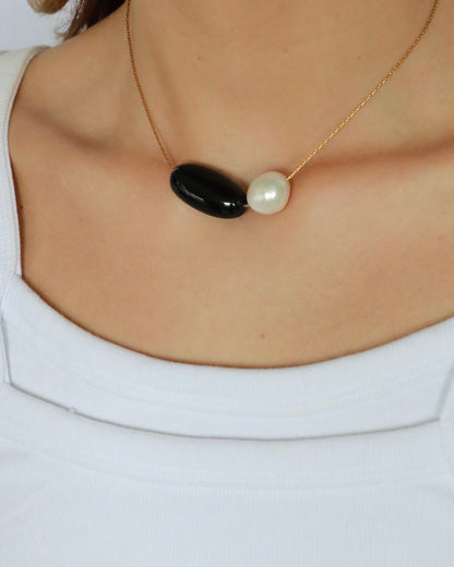 Leni Freshwater Baroque Pearl & Black Onyx Pendant Necklace Adjustable Stainless Steel Chain