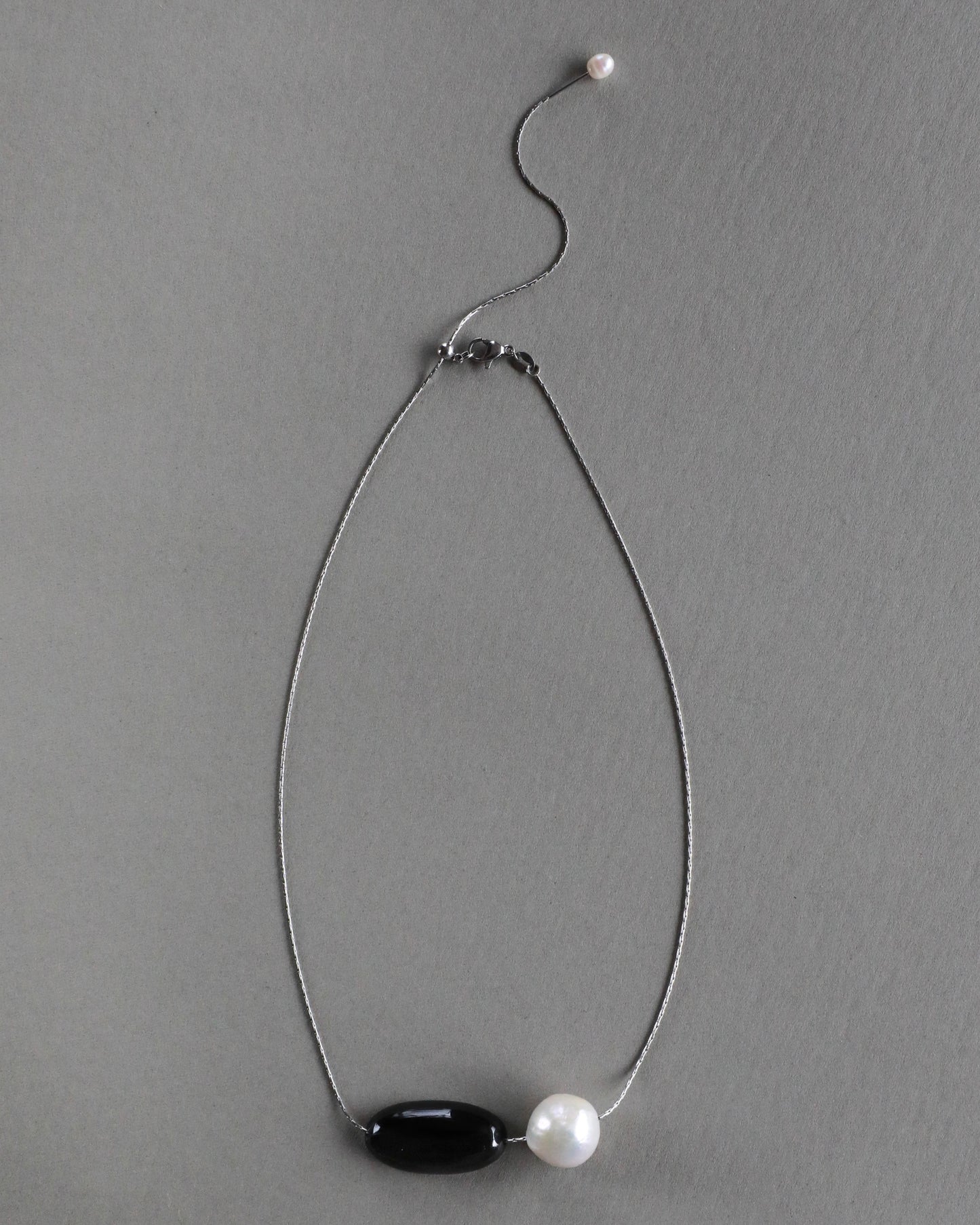 Leni Freshwater Baroque Pearl & Black Onyx Pendant Necklace Adjustable Stainless Steel Chain