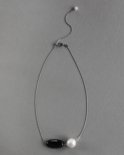 Leni Freshwater Baroque Pearl & Black Onyx Pendant Necklace Adjustable Stainless Steel Chain
