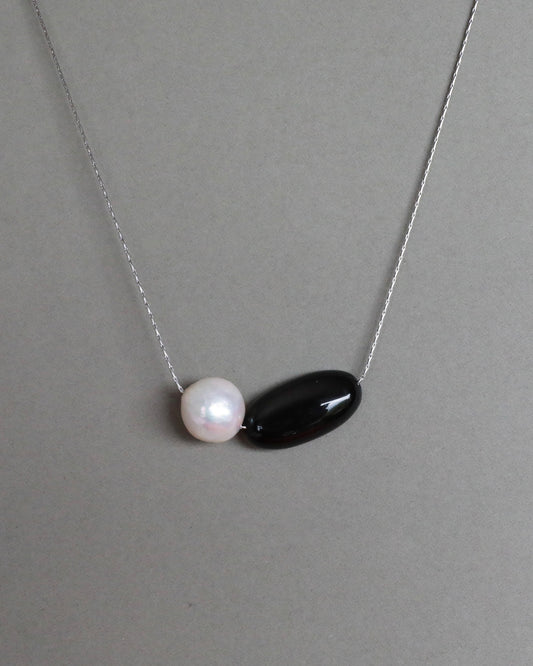 Leni Freshwater Baroque Pearl & Black Onyx Pendant Necklace Adjustable Stainless Steel Chain